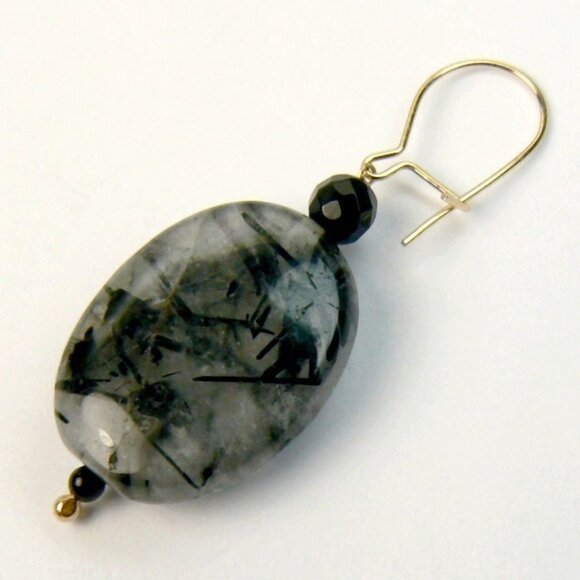 14KY GOLD Tourmalated Quartz & Black ONYX Earrings - Picture 3 of 6